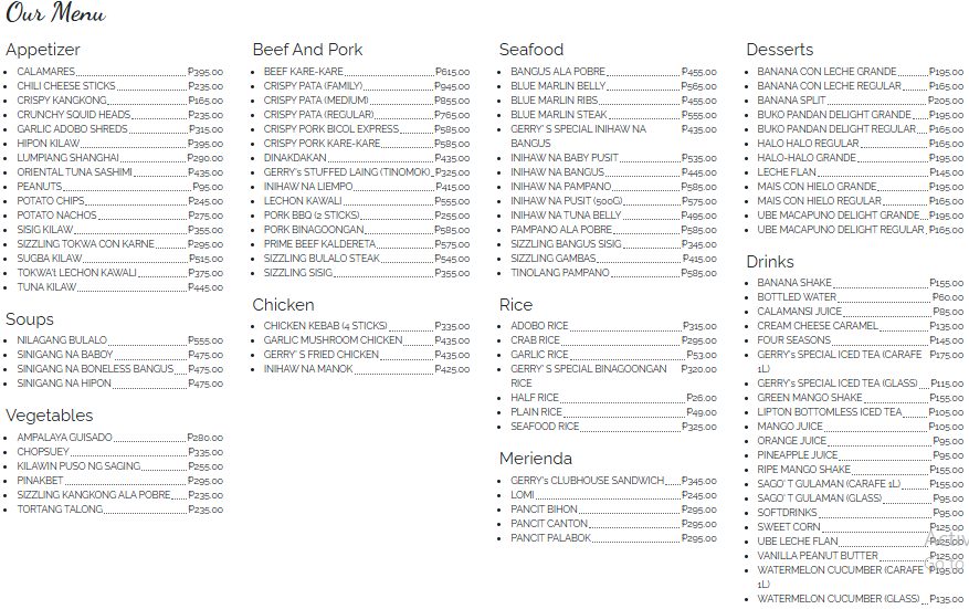 Gerry’s Restaurant and Bar Menu
